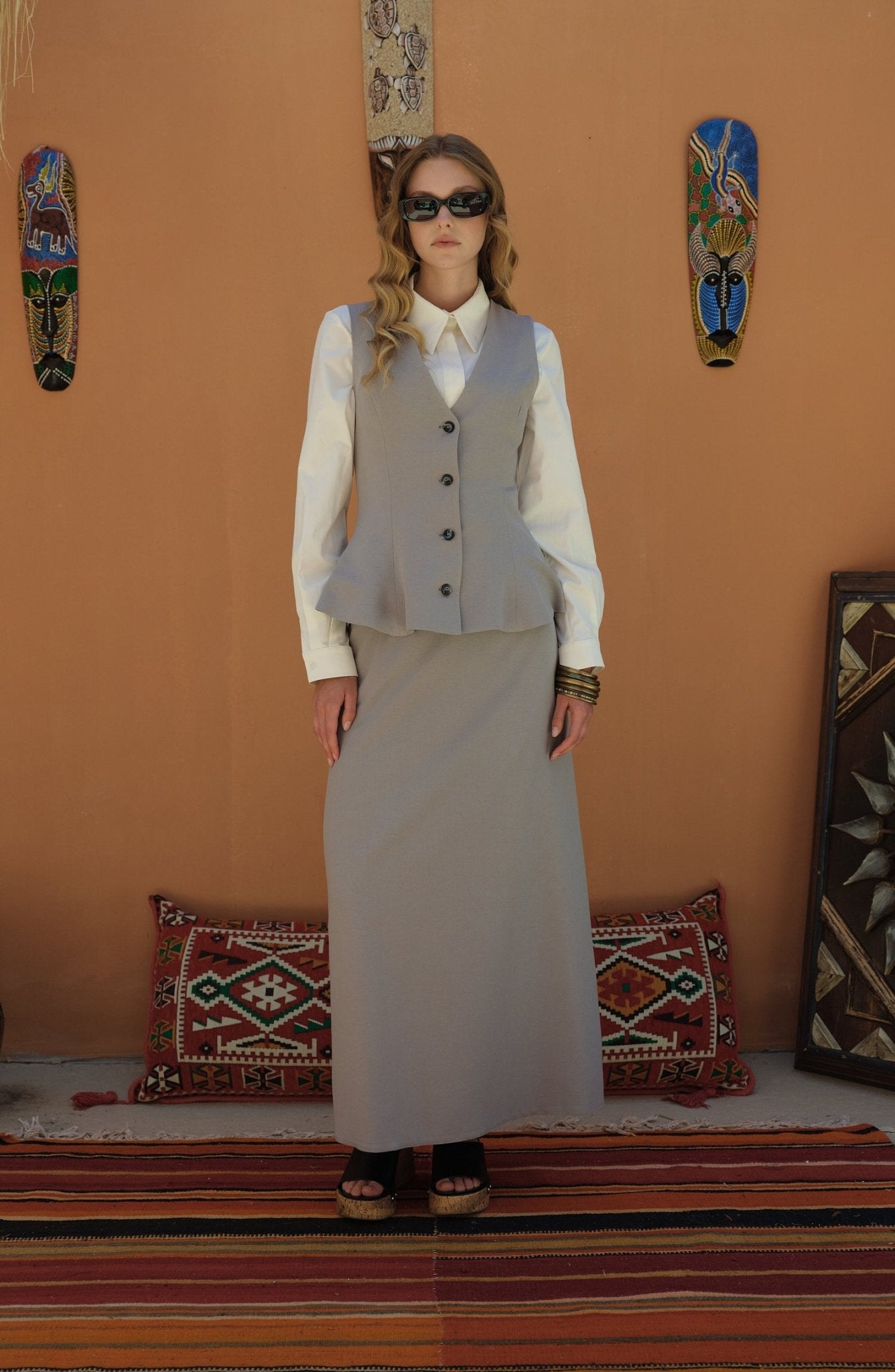Peplumlu Keten Gri Yelek Etek Takım - Fatma Atasoy