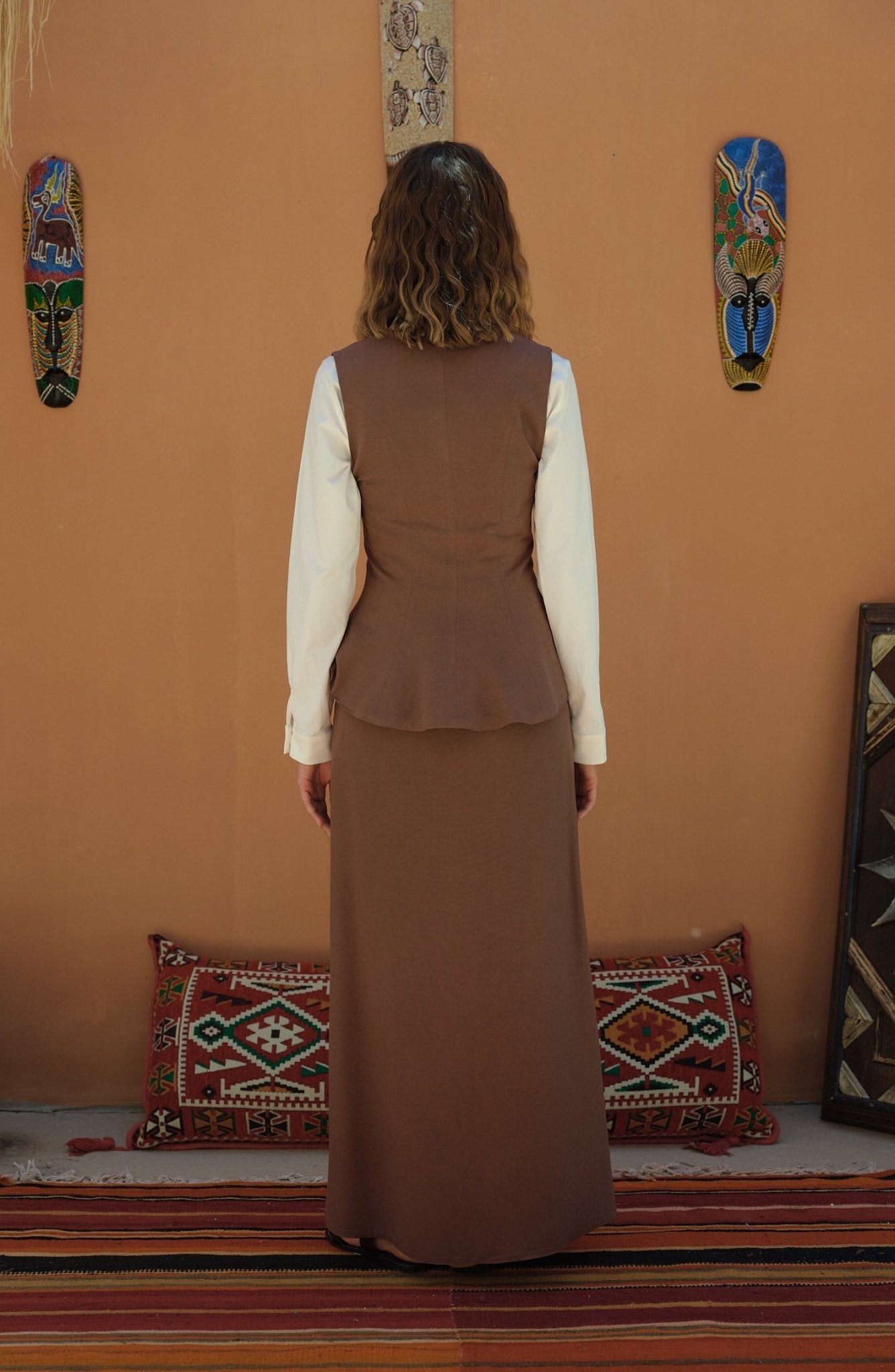 Peplumlu Keten Kahve Yelek Etek Takım - Fatma Atasoy