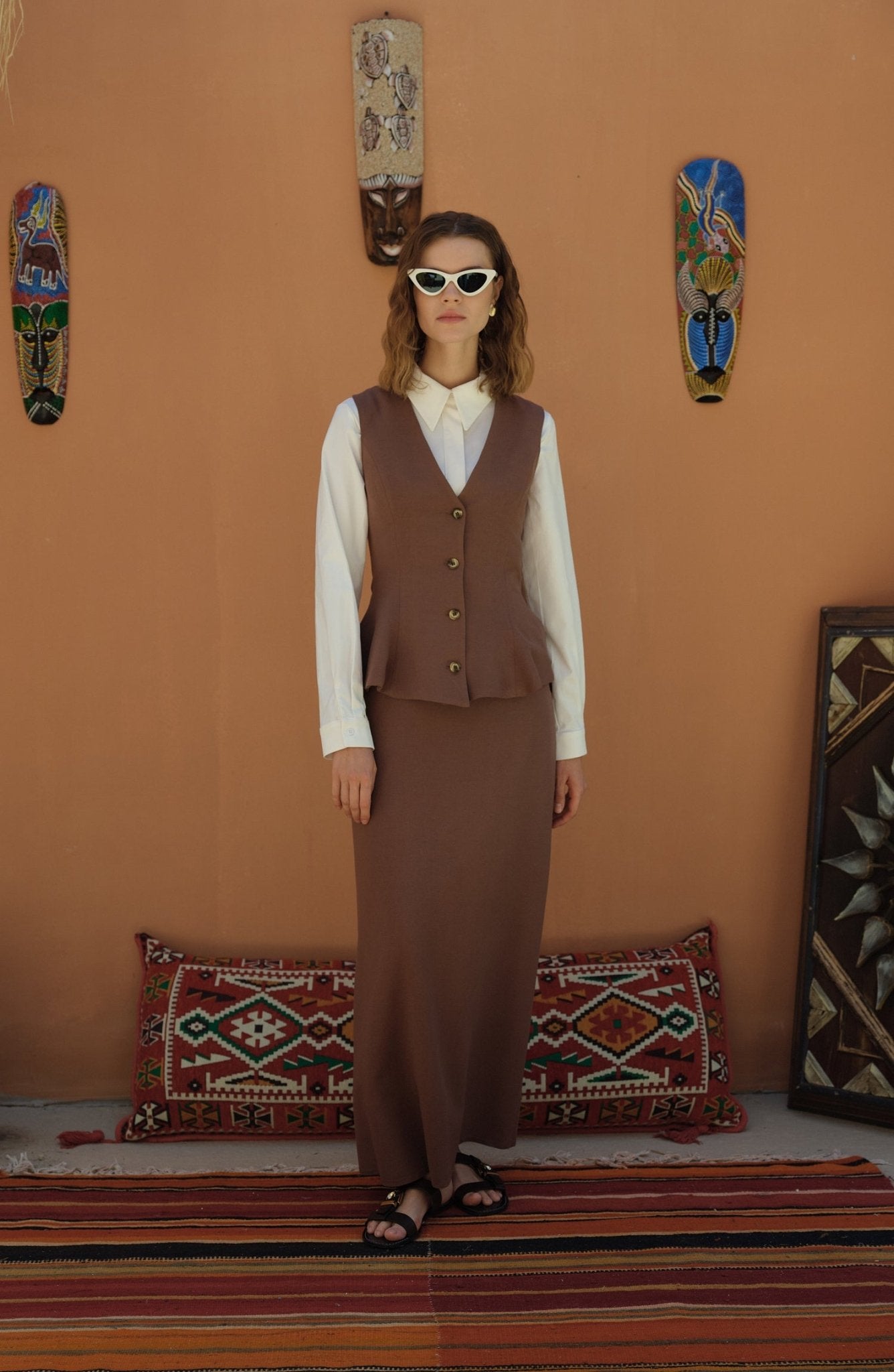 Peplumlu Keten Kahve Yelek Etek Takım - Fatma Atasoy