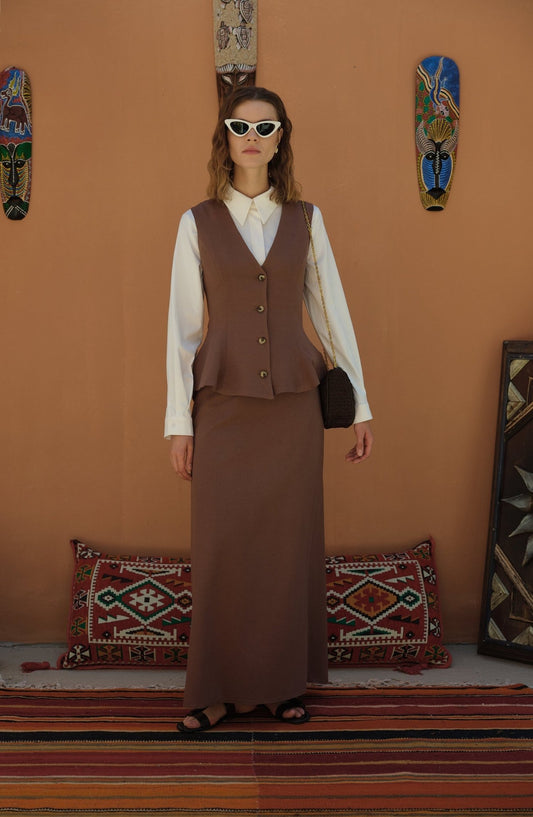 Peplumlu Keten Kahve Yelek Etek Takım - Fatma Atasoy