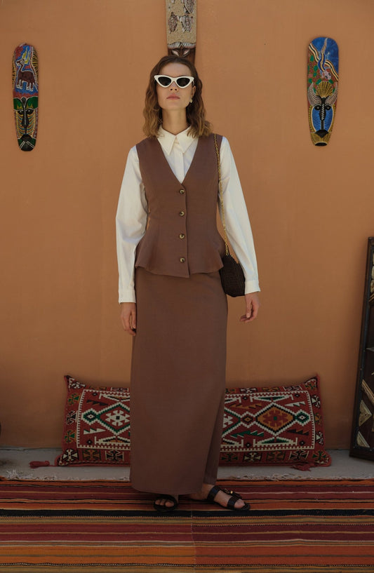 Peplumlu Keten Kahve Yelek Etek Takım - Fatma Atasoy