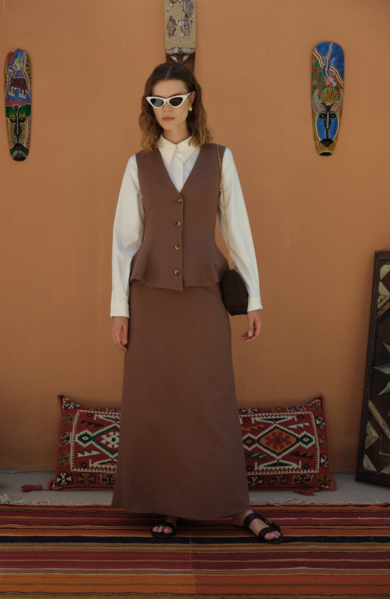 Peplumlu Keten Kahve Yelek Etek Takım - Fatma Atasoy
