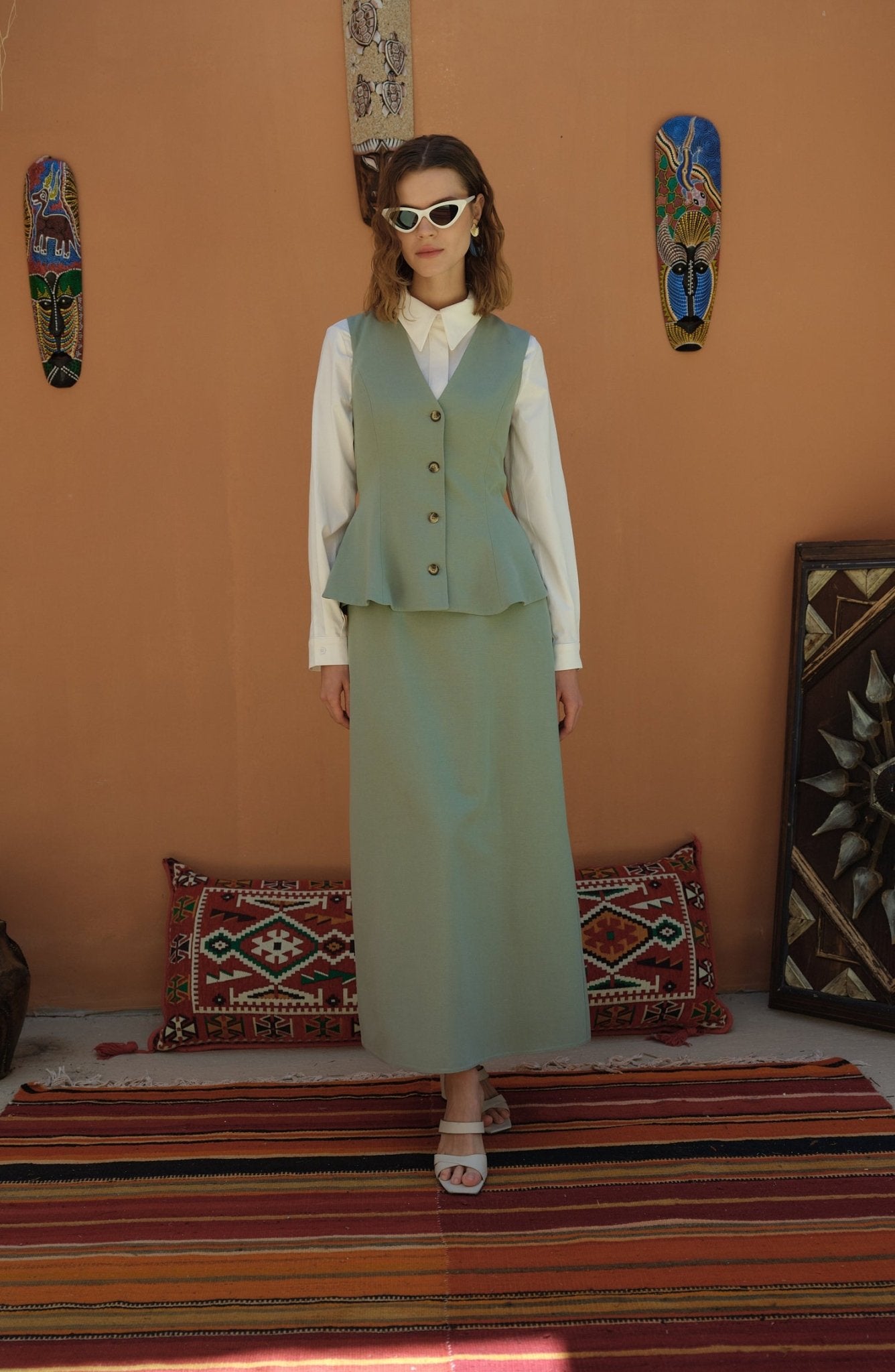 Peplumlu Keten Mint Yelek Etek Takım - Fatma Atasoy