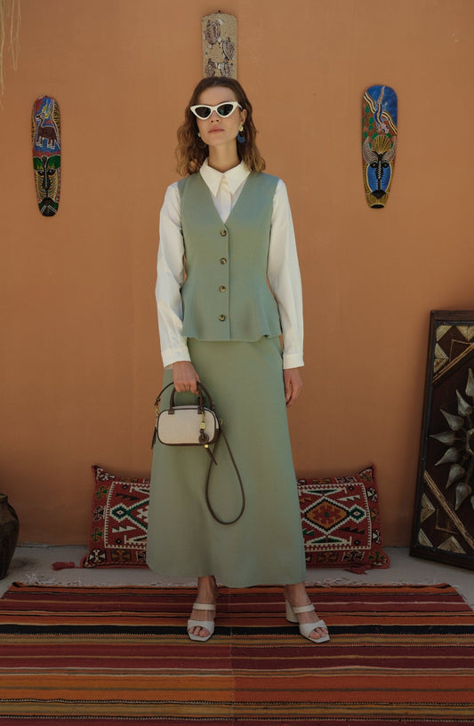 Peplumlu Keten Mint Yelek Etek Takım - Fatma Atasoy