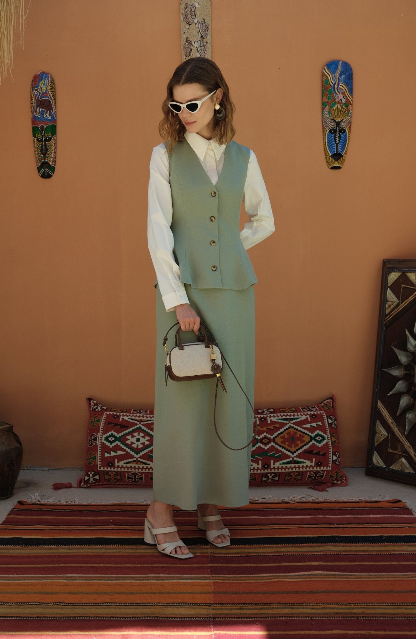 Peplumlu Keten Mint Yelek Etek Takım - Fatma Atasoy