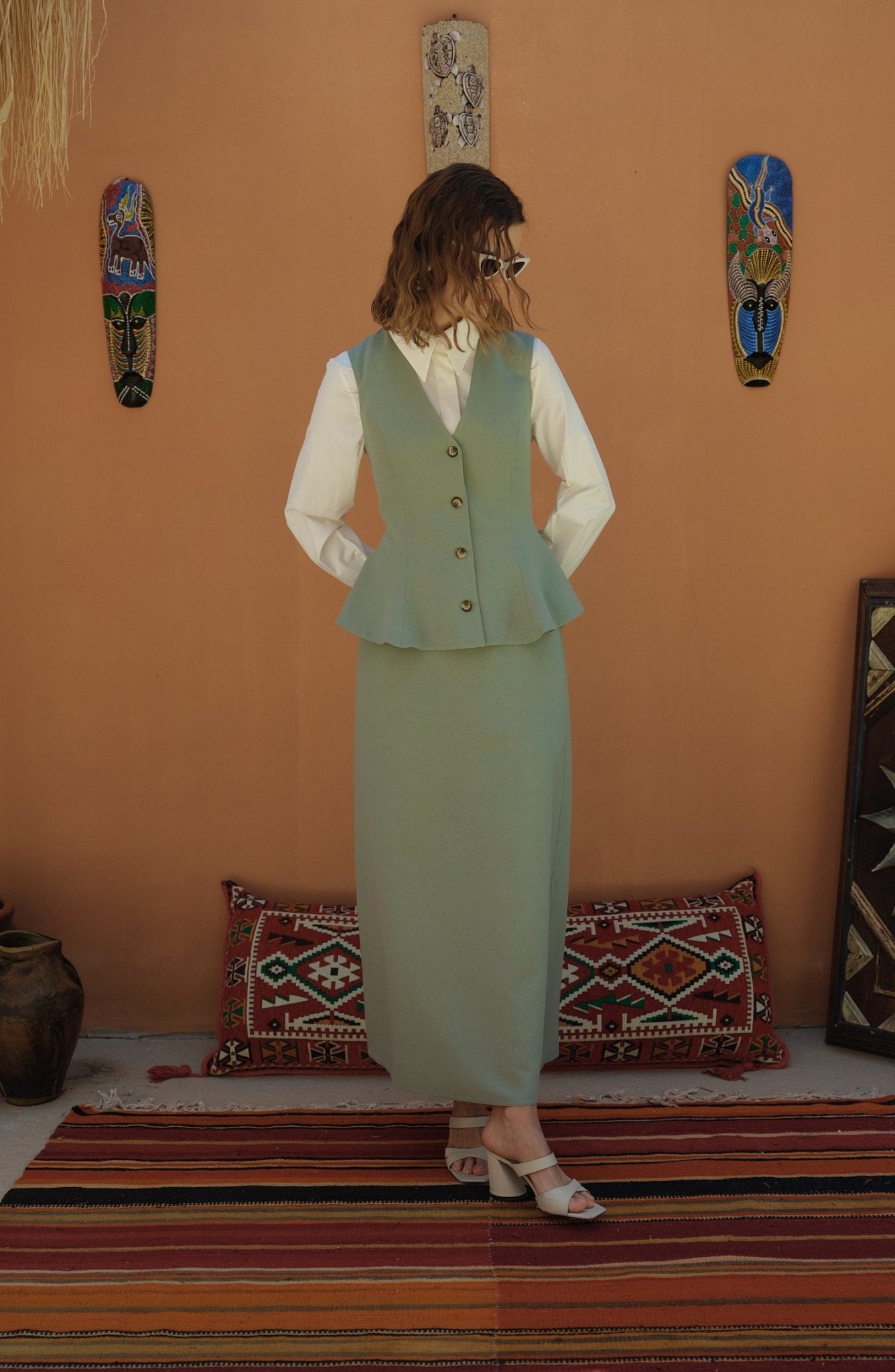 Peplumlu Keten Mint Yelek Etek Takım - Fatma Atasoy