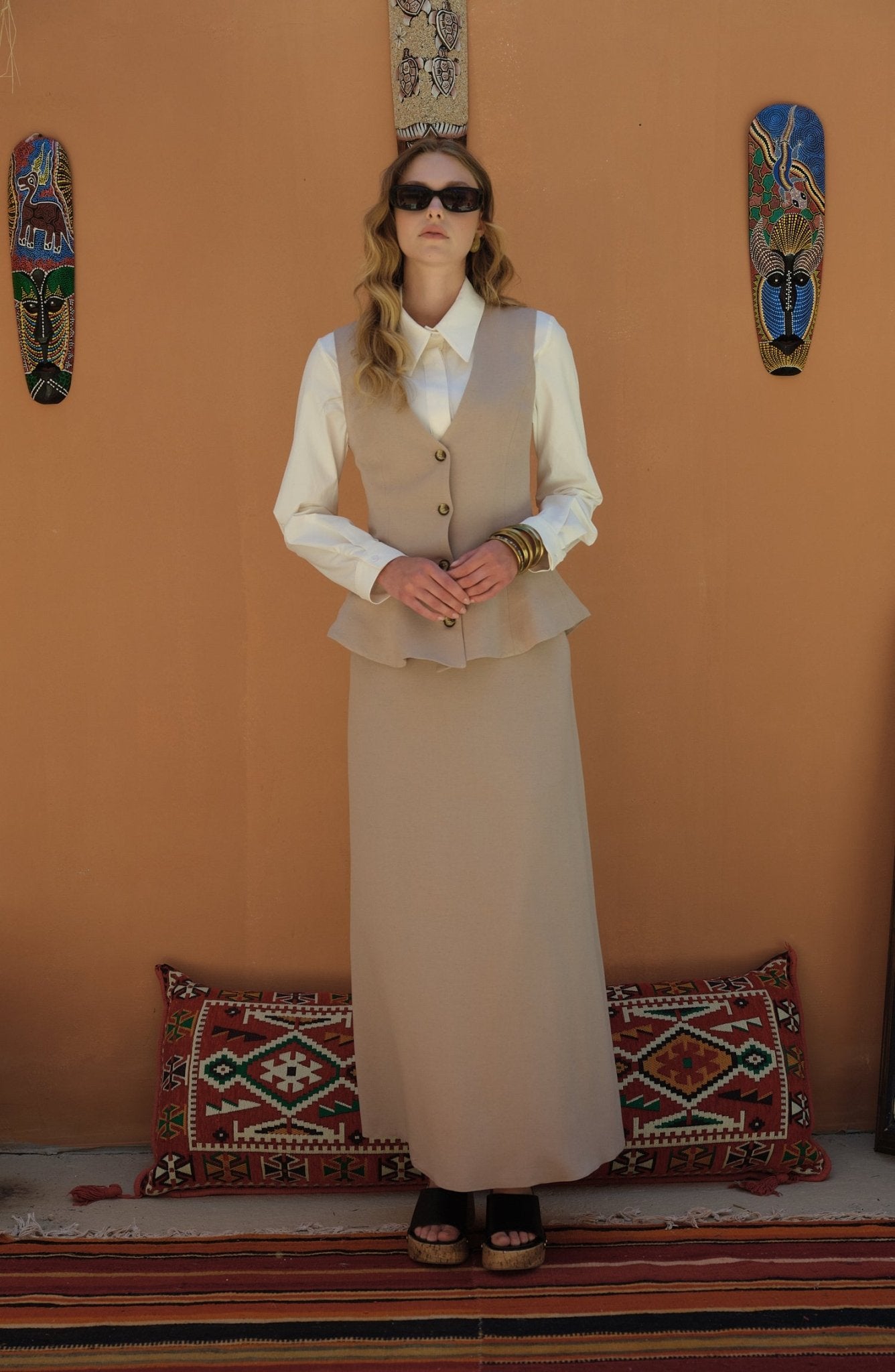 Peplumlu Keten Taş Yelek Etek Takım - Fatma Atasoy
