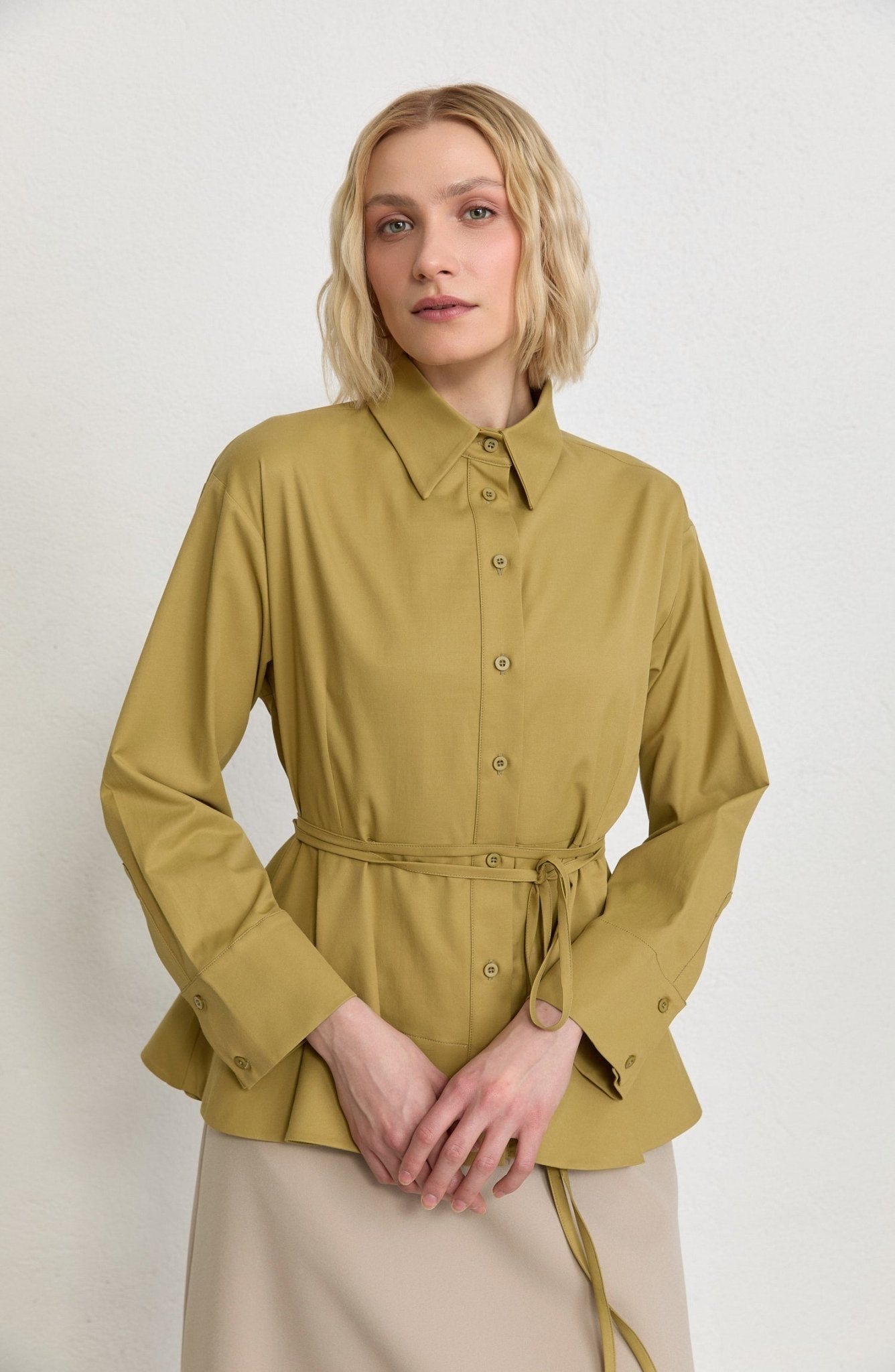 Peplumlu Yağ Yeşili Pamuk Gömlek - Fatma Atasoy