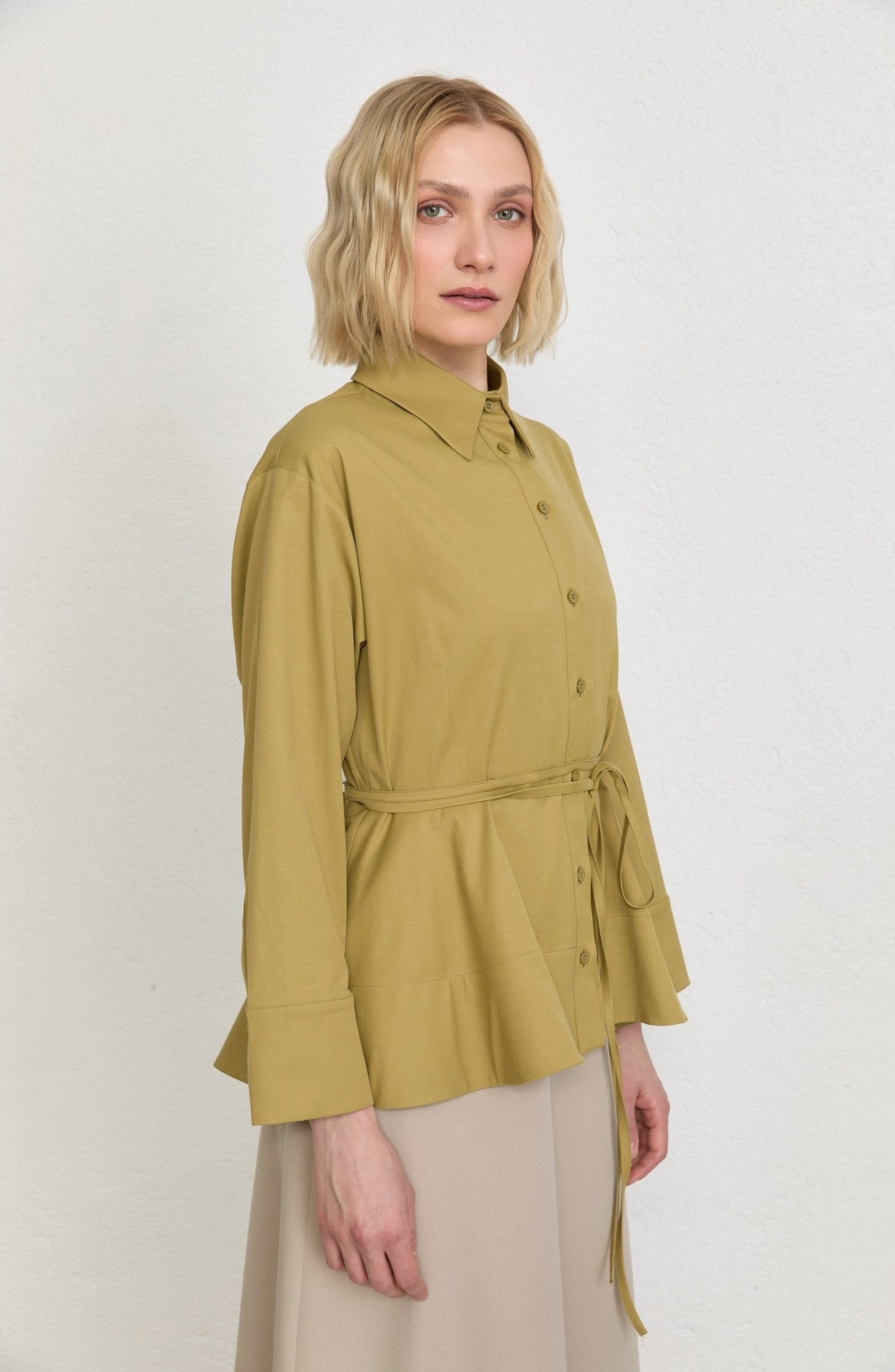 Peplumlu Yağ Yeşili Pamuk Gömlek - Fatma Atasoy