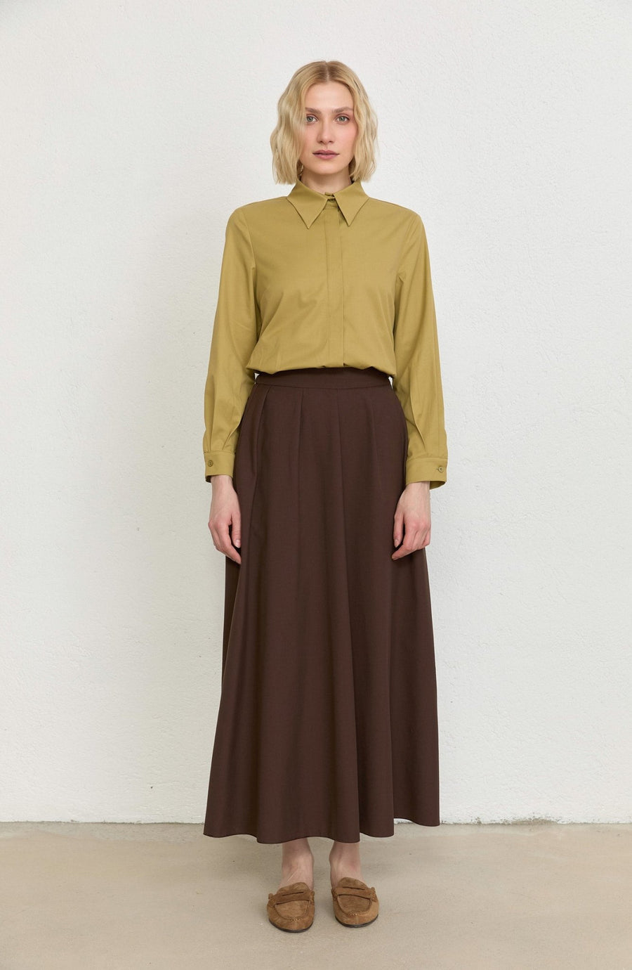 Pileli Acı Kahve Trenç Etek