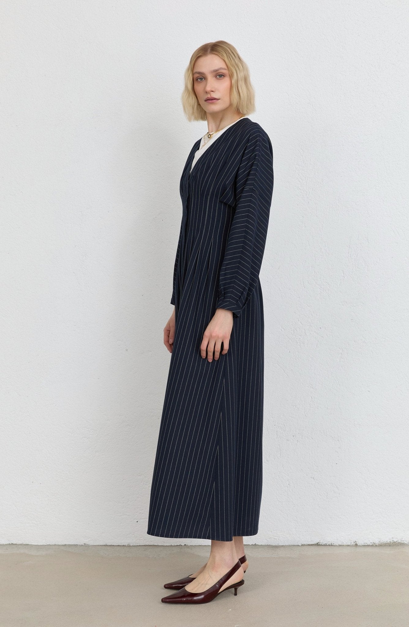 Pileli Çizgili Lacivert Elbise - Fatma Atasoy