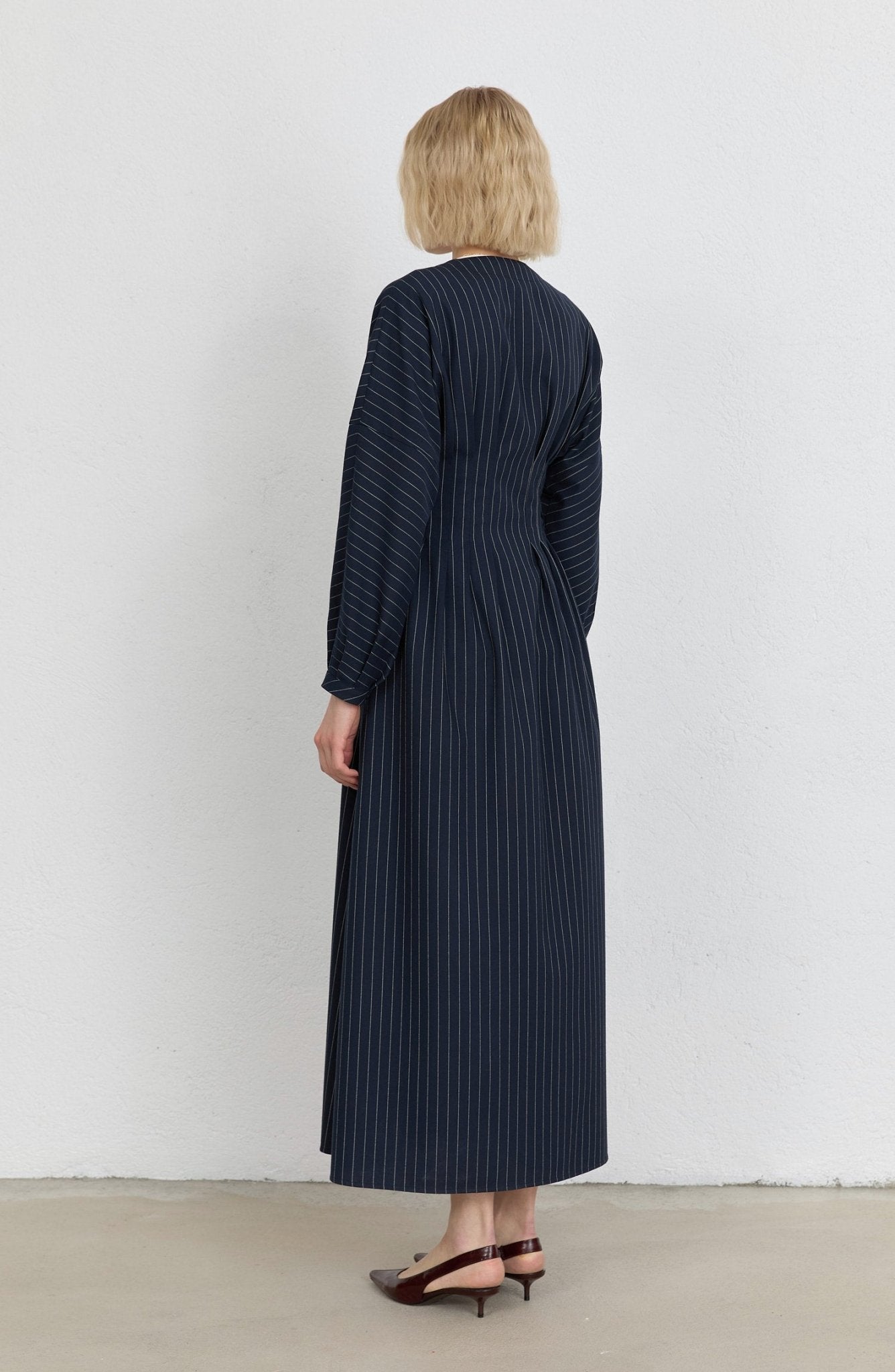 Pileli Çizgili Lacivert Elbise - Fatma Atasoy