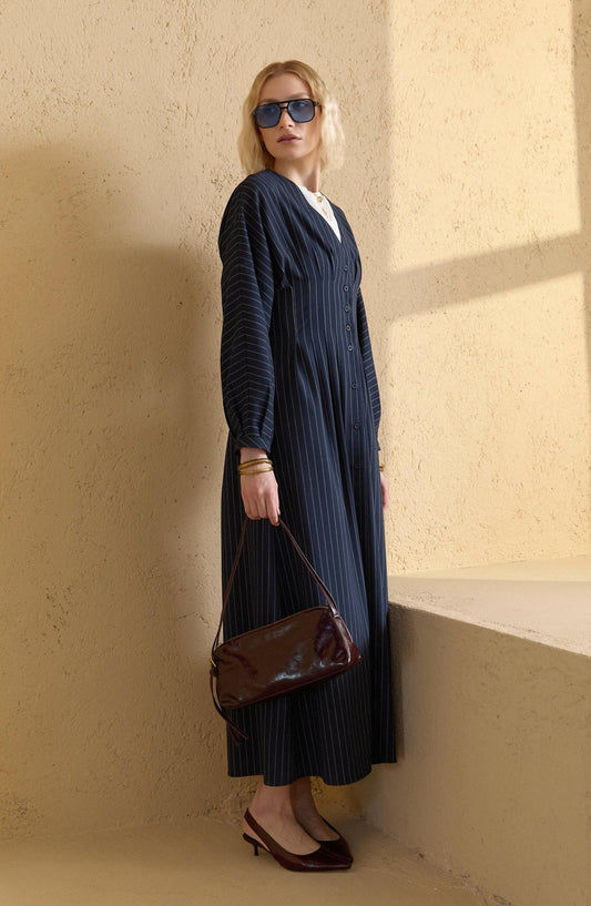 Pileli Çizgili Lacivert Elbise - Fatma Atasoy