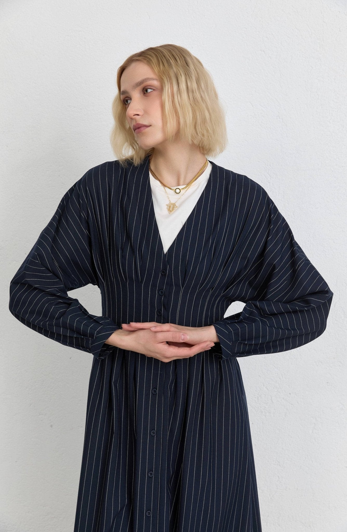 Pileli Çizgili Lacivert Elbise - Fatma Atasoy