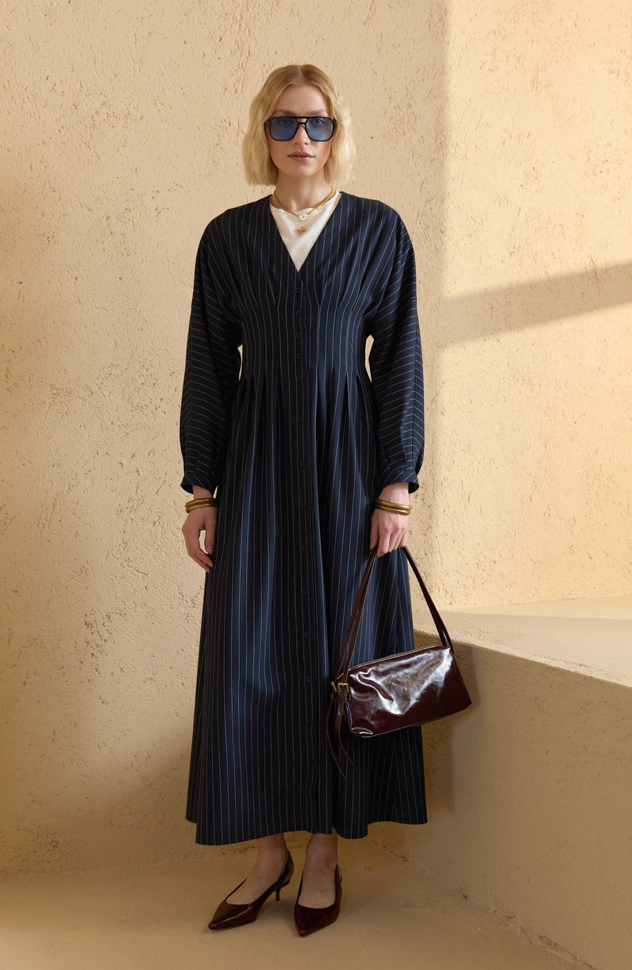 Pileli Çizgili Lacivert Elbise