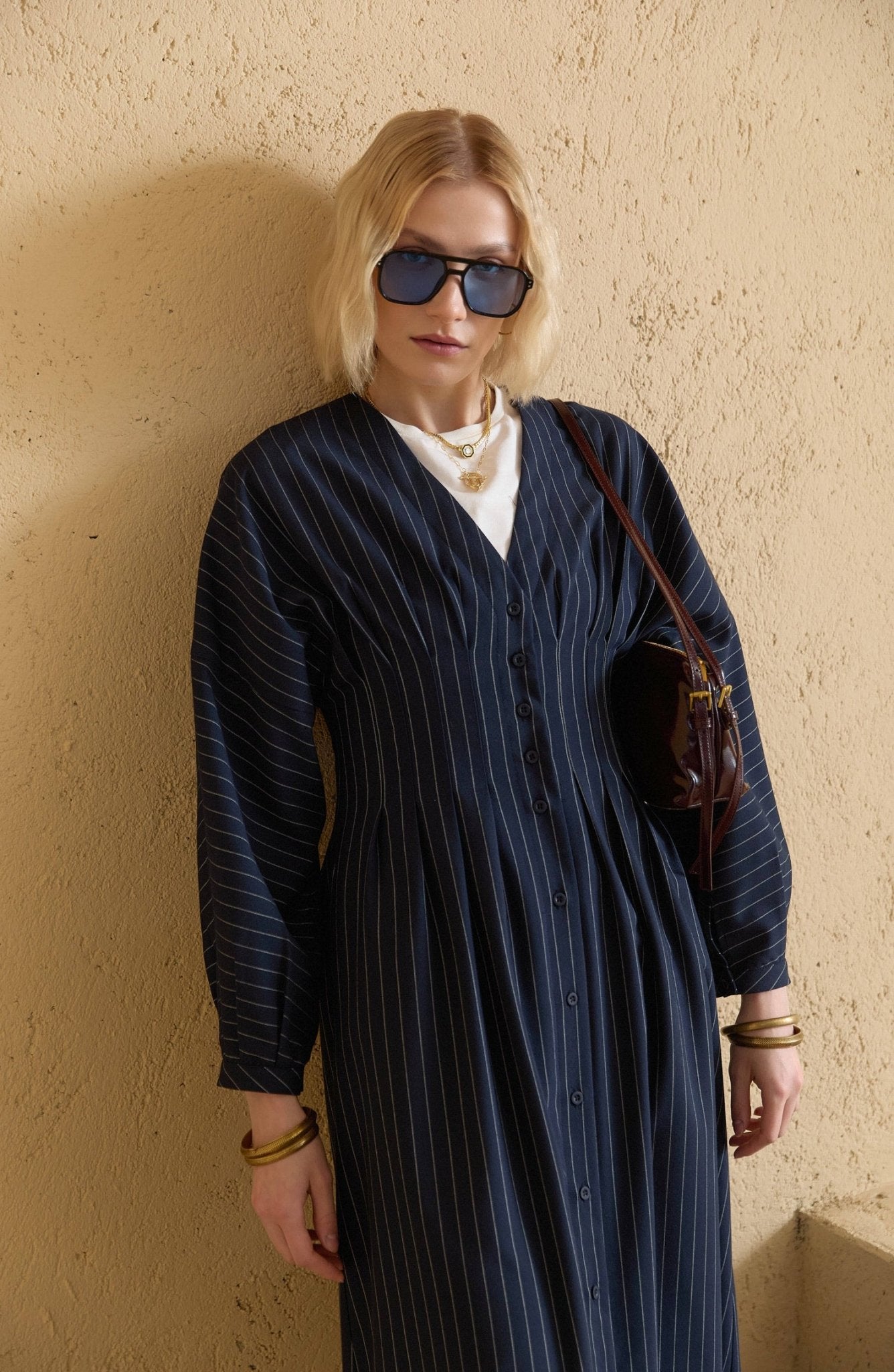 Pileli Çizgili Lacivert Elbise - Fatma Atasoy