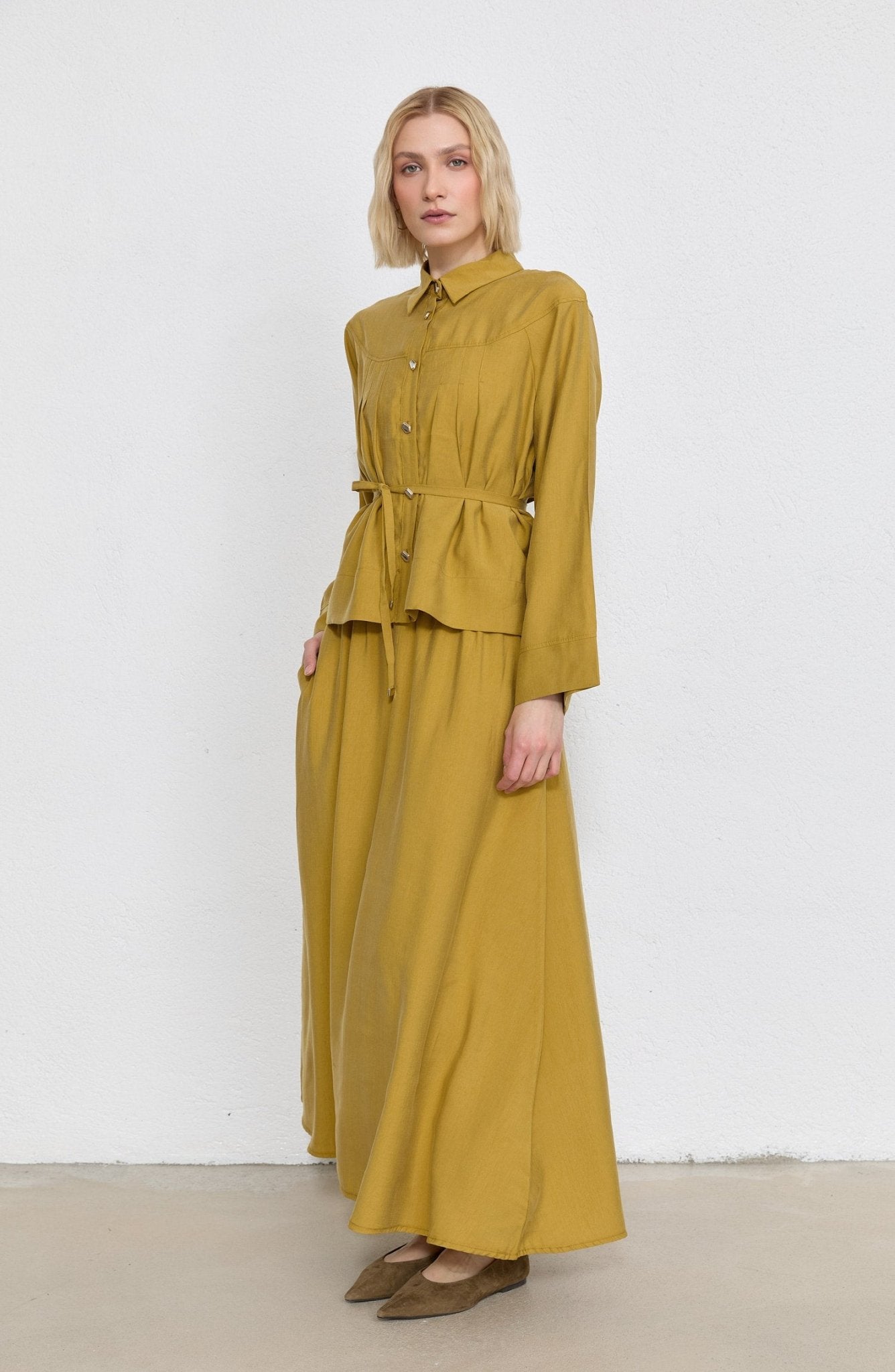 Pileli Hardal Soft Touch Tensel Etekli İkili Takım - Fatma Atasoy