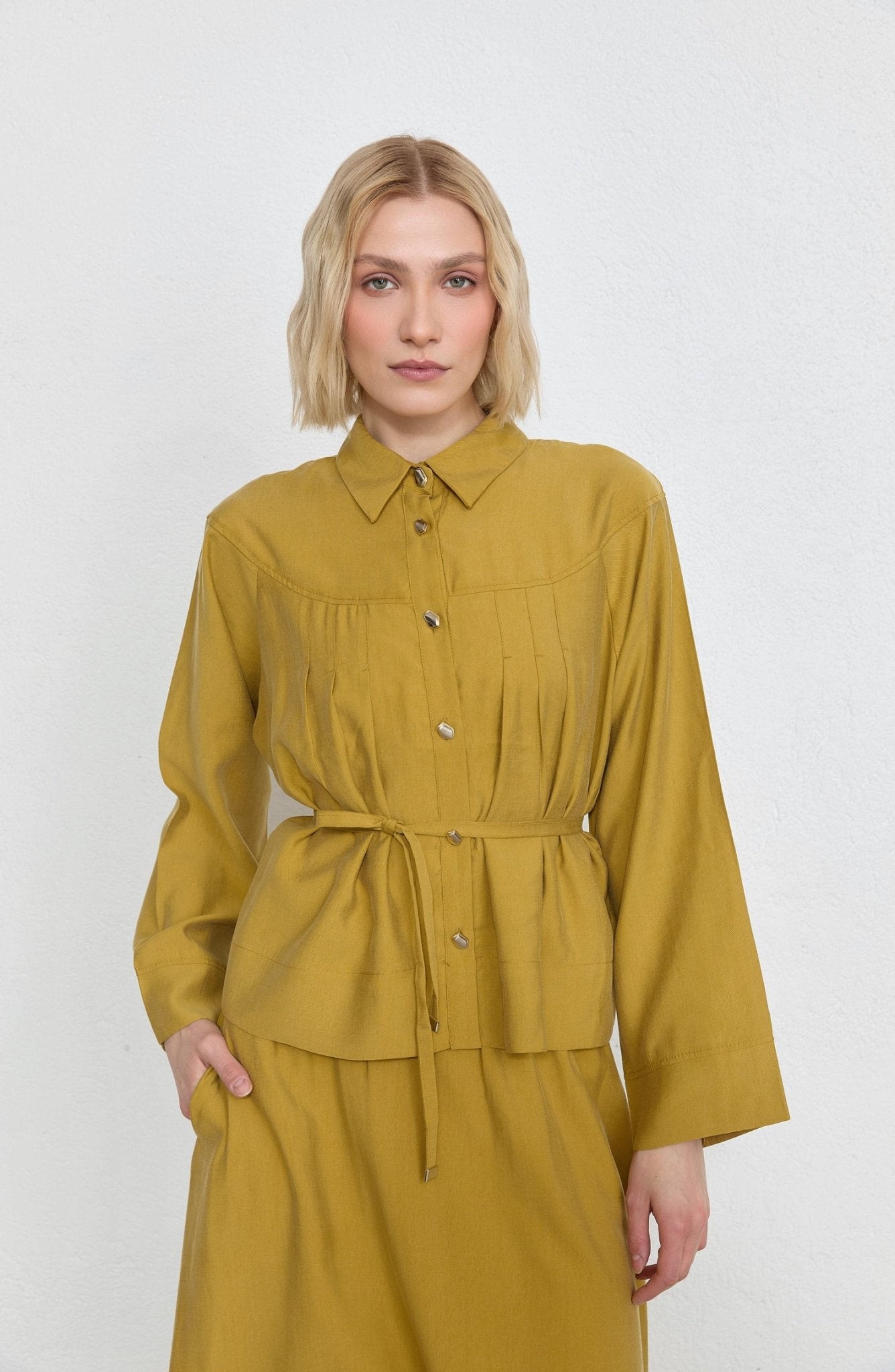 Pileli Hardal Soft Touch Tensel Etekli İkili Takım - Fatma Atasoy