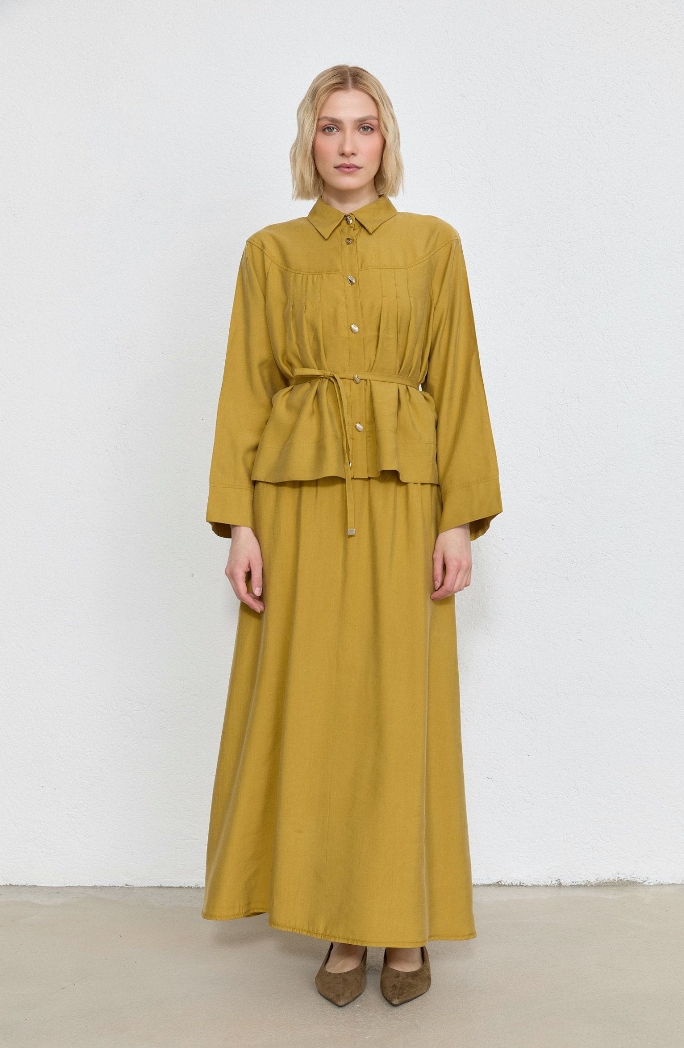 Pileli Hardal Soft Touch Tensel Etekli İkili Takım - Fatma Atasoy