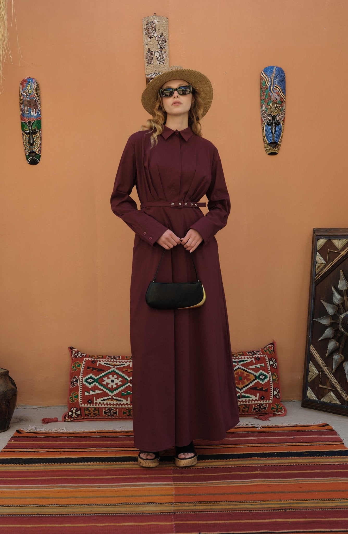Pileli Kaplama Kemerli Vişne Pamuk Elbise - Fatma Atasoy