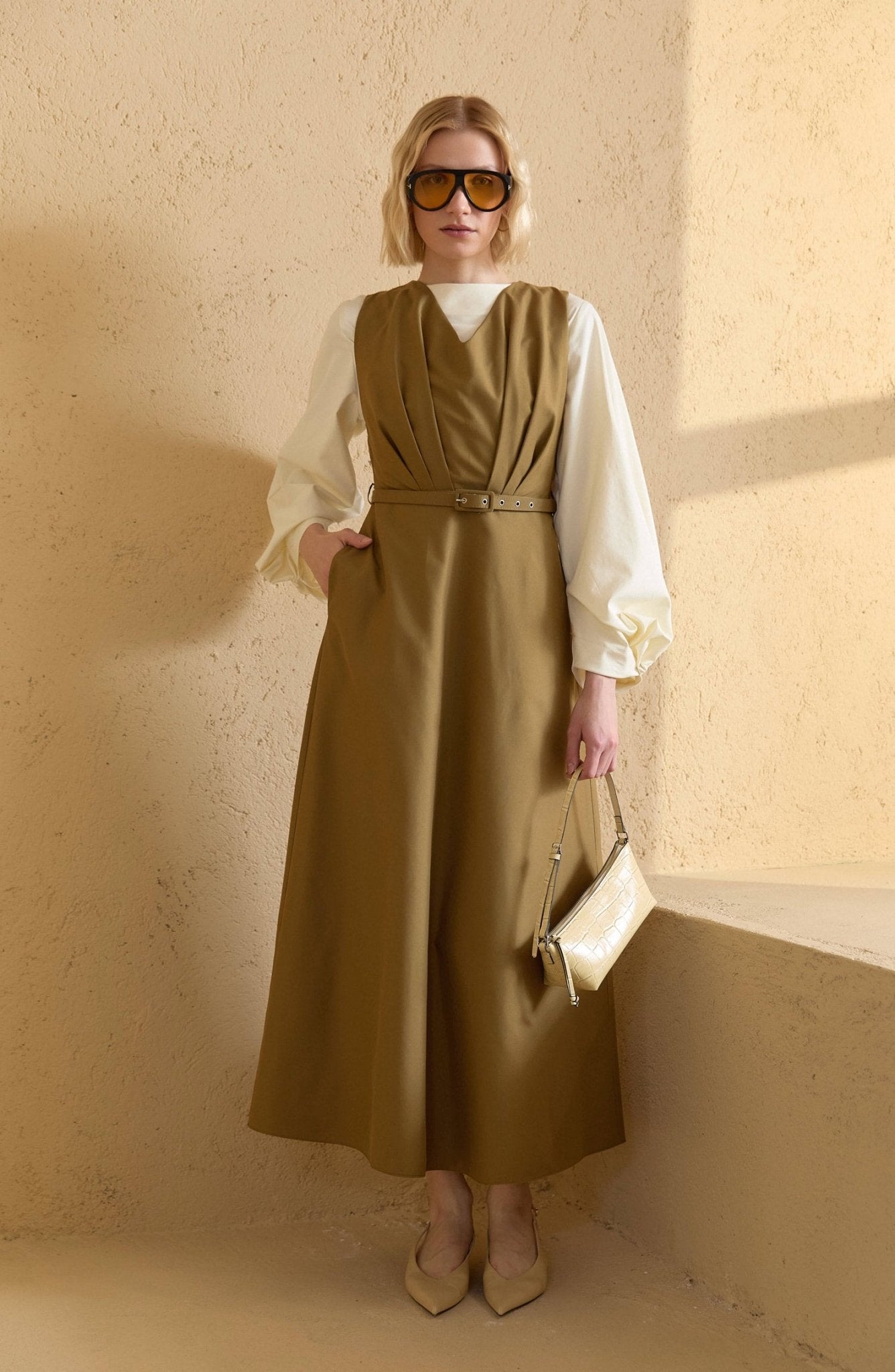 Pileli Kaplama Kemerli Yağ Yeşili Jile - Fatma Atasoy