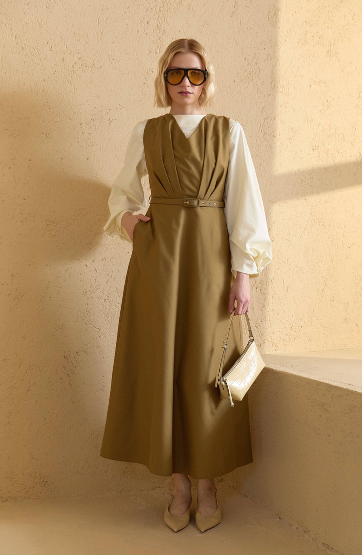 Pileli Kaplama Kemerli Yağ Yeşili Jile - Fatma Atasoy