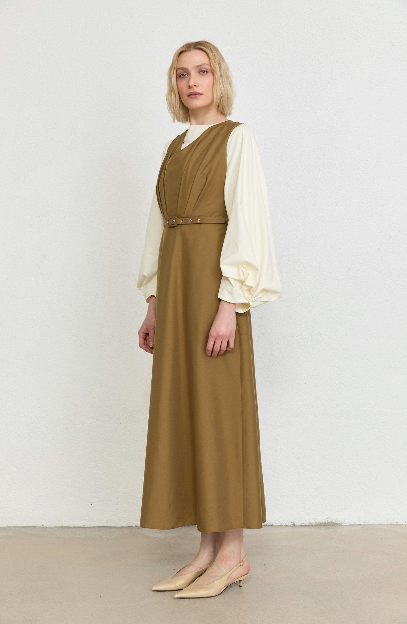 Pileli Kaplama Kemerli Yağ Yeşili Jile - Fatma Atasoy