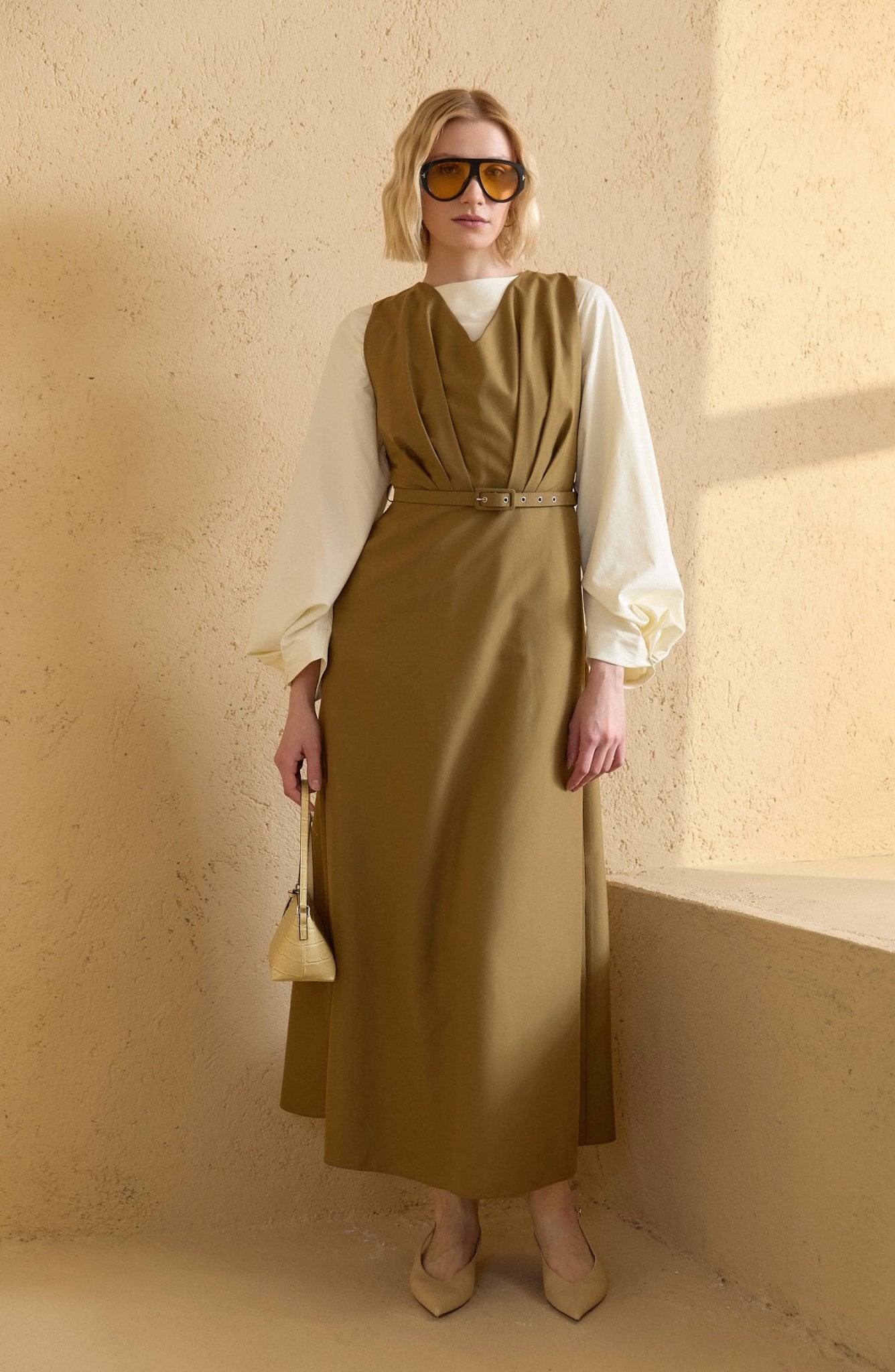 Pileli Kaplama Kemerli Yağ Yeşili Jile - Fatma Atasoy