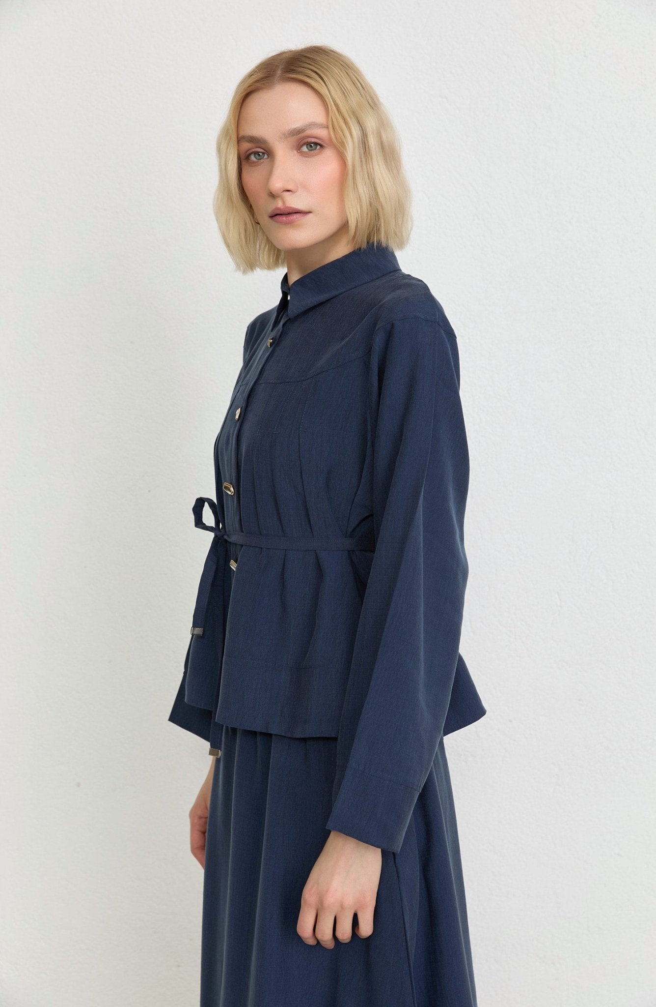 Pileli Lacivert Soft Touch Tensel Etekli İkili Takım - Fatma Atasoy