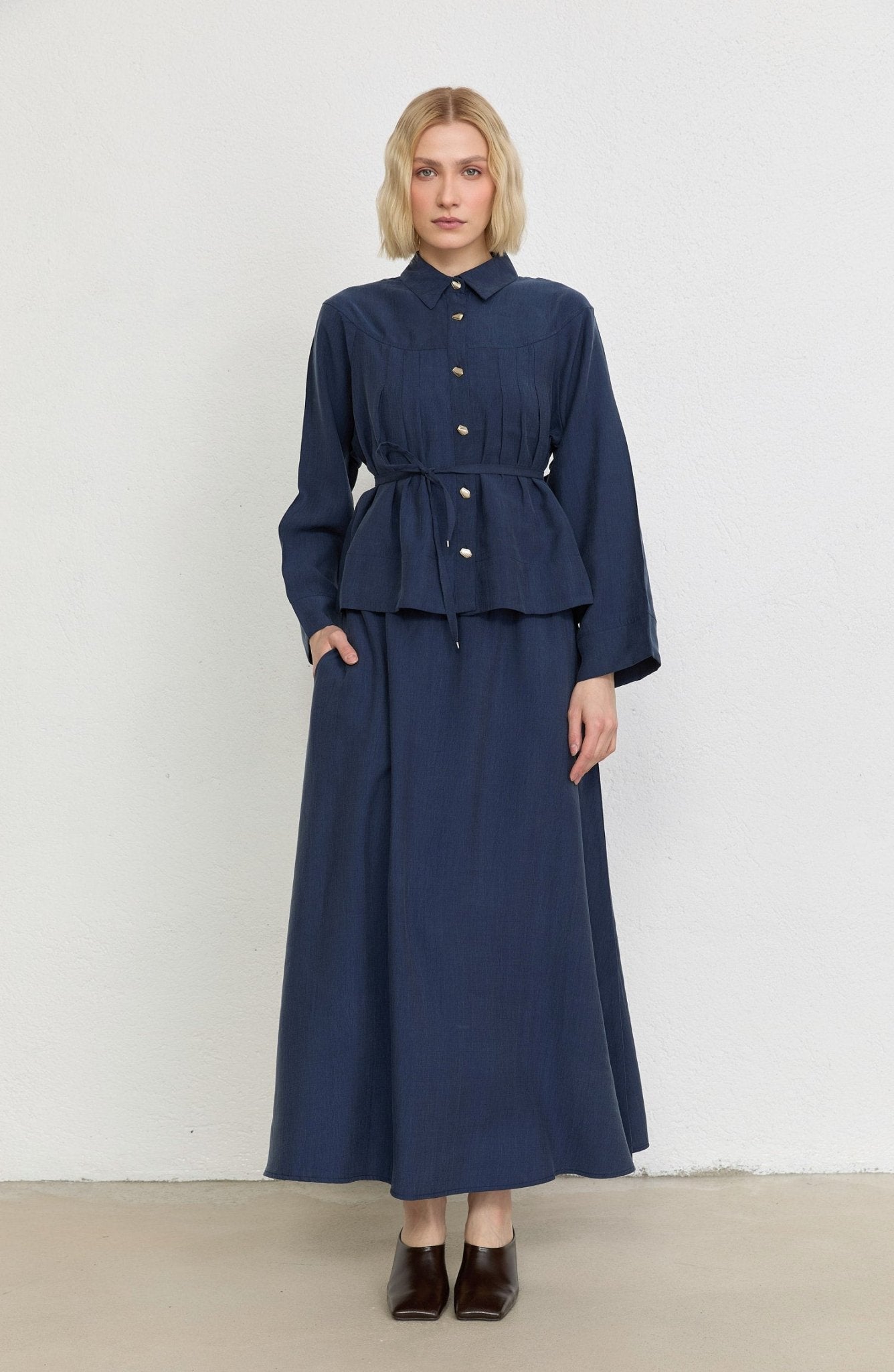 Pileli Lacivert Soft Touch Tensel Etekli İkili Takım - Fatma Atasoy