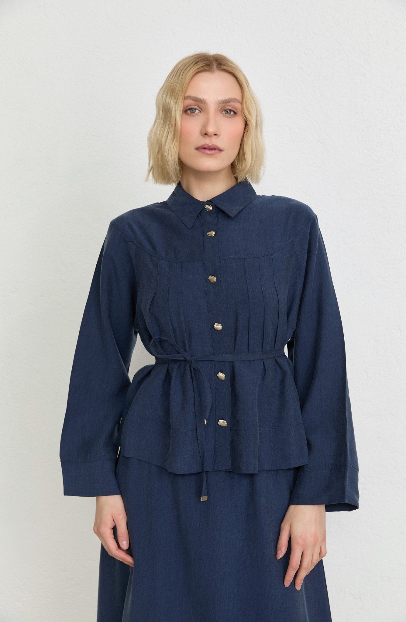 Pileli Lacivert Soft Touch Tensel Etekli İkili Takım - Fatma Atasoy