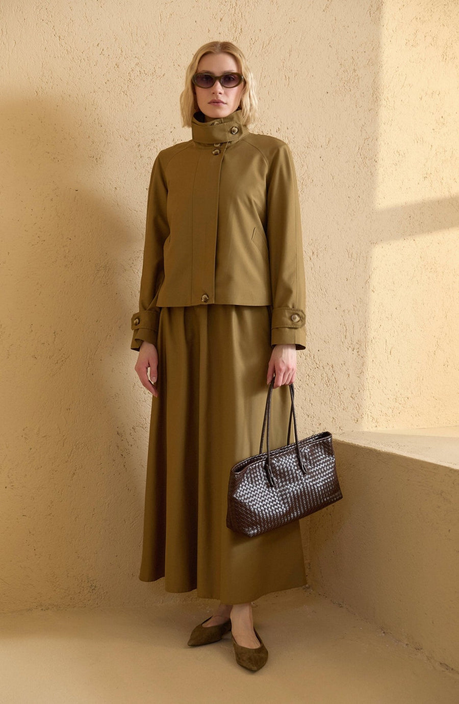 Pileli Yağ Yeşili Trenç Etek