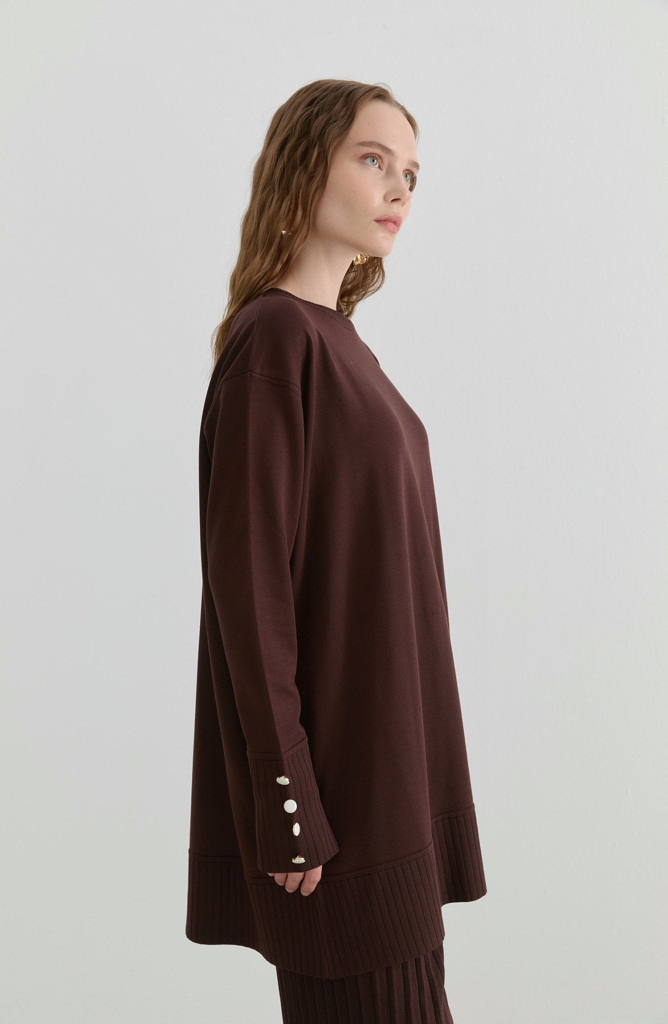 Piliseli Pantolonlu Acı Kahve Merserize Triko İkili Takım - Fatma Atasoy