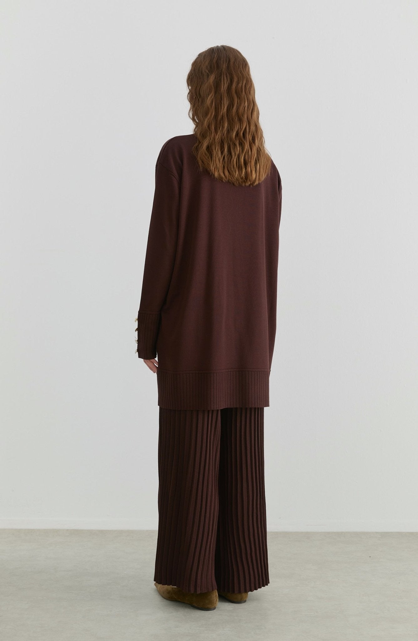 Piliseli Pantolonlu Acı Kahve Merserize Triko İkili Takım - Fatma Atasoy