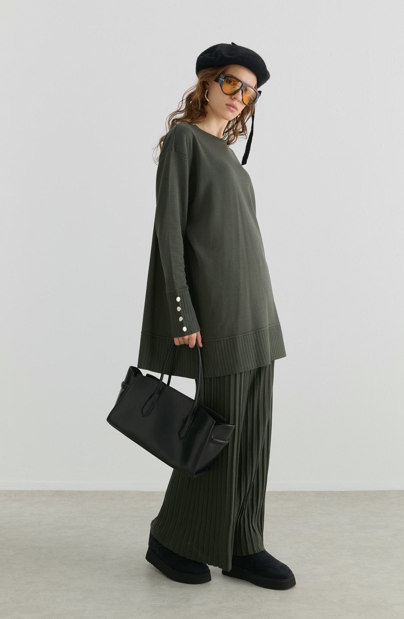 Piliseli Pantolonlu Haki Merserize Triko İkili Takım - Fatma Atasoy