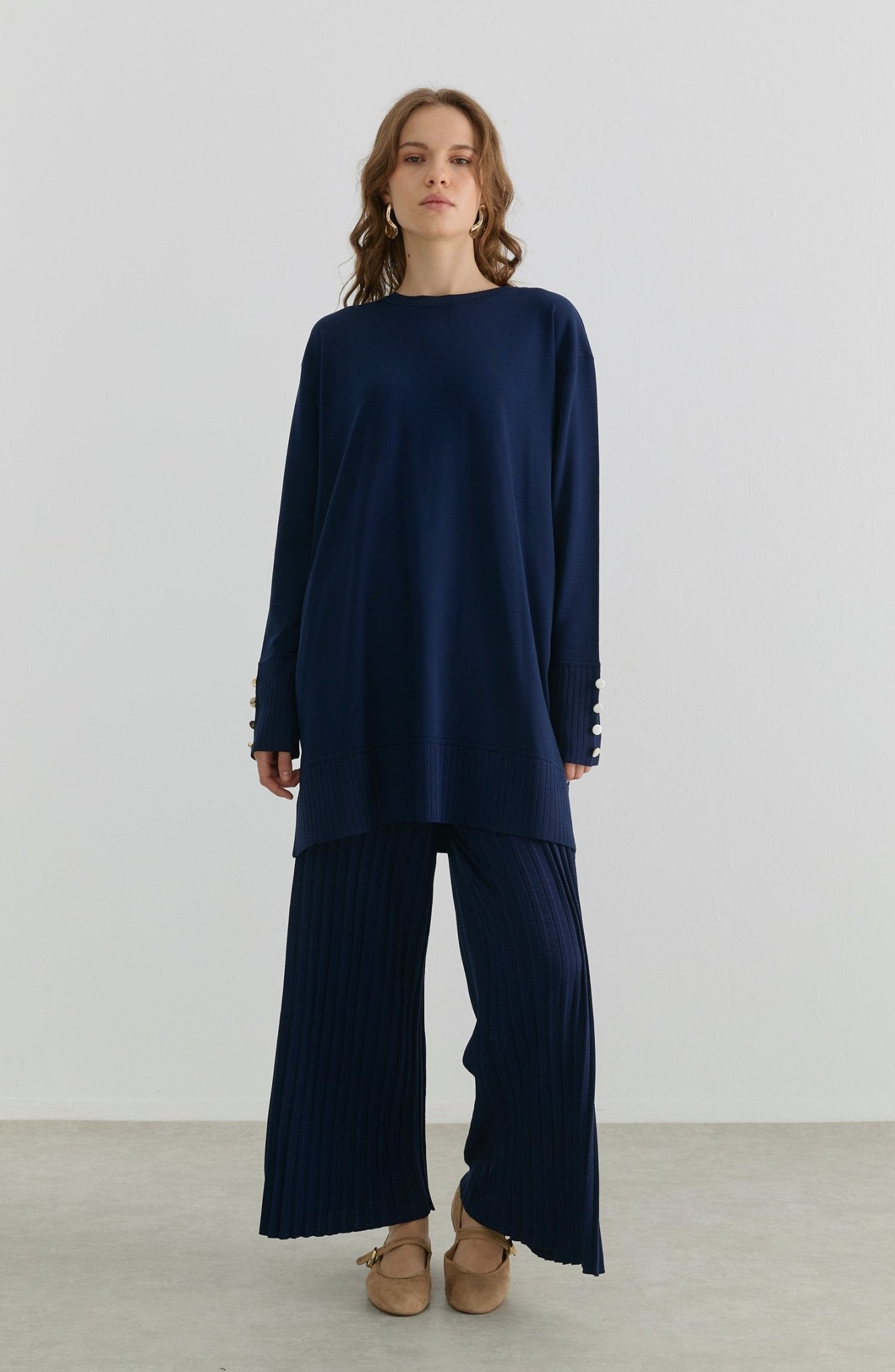 Piliseli Pantolonlu Lacivert Merserize Triko İkili Takım - Fatma Atasoy