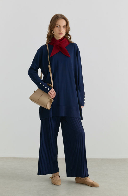 Piliseli Pantolonlu Lacivert Merserize Triko İkili Takım - Fatma Atasoy