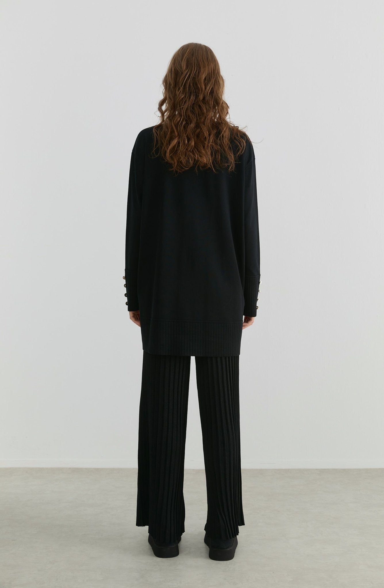 Piliseli Pantolonlu Siyah Merserize Triko İkili Takım - Fatma Atasoy