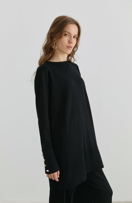 Piliseli Pantolonlu Siyah Merserize Triko İkili Takım - Fatma Atasoy