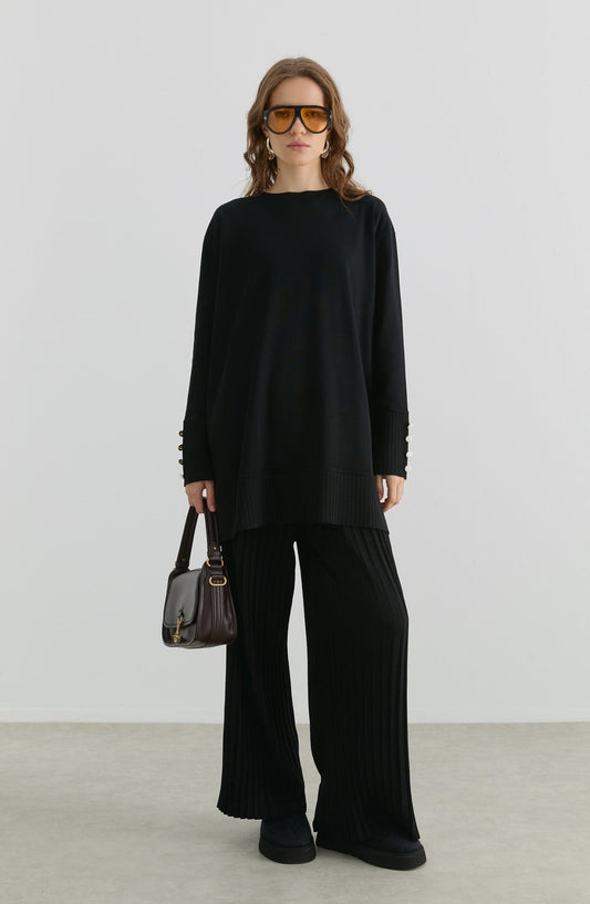 Piliseli Pantolonlu Siyah Merserize Triko İkili Takım - Fatma Atasoy