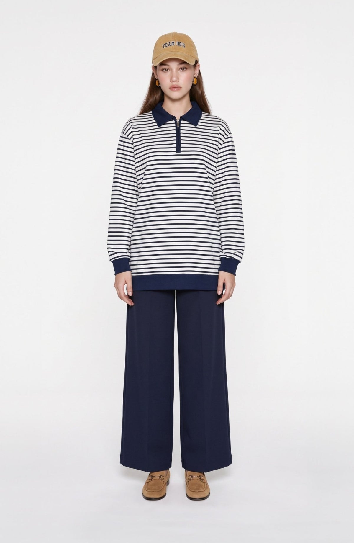Polo Yaka Fermuarlı Lacivert Çizgili Sweatshirt - Fatma Atasoy