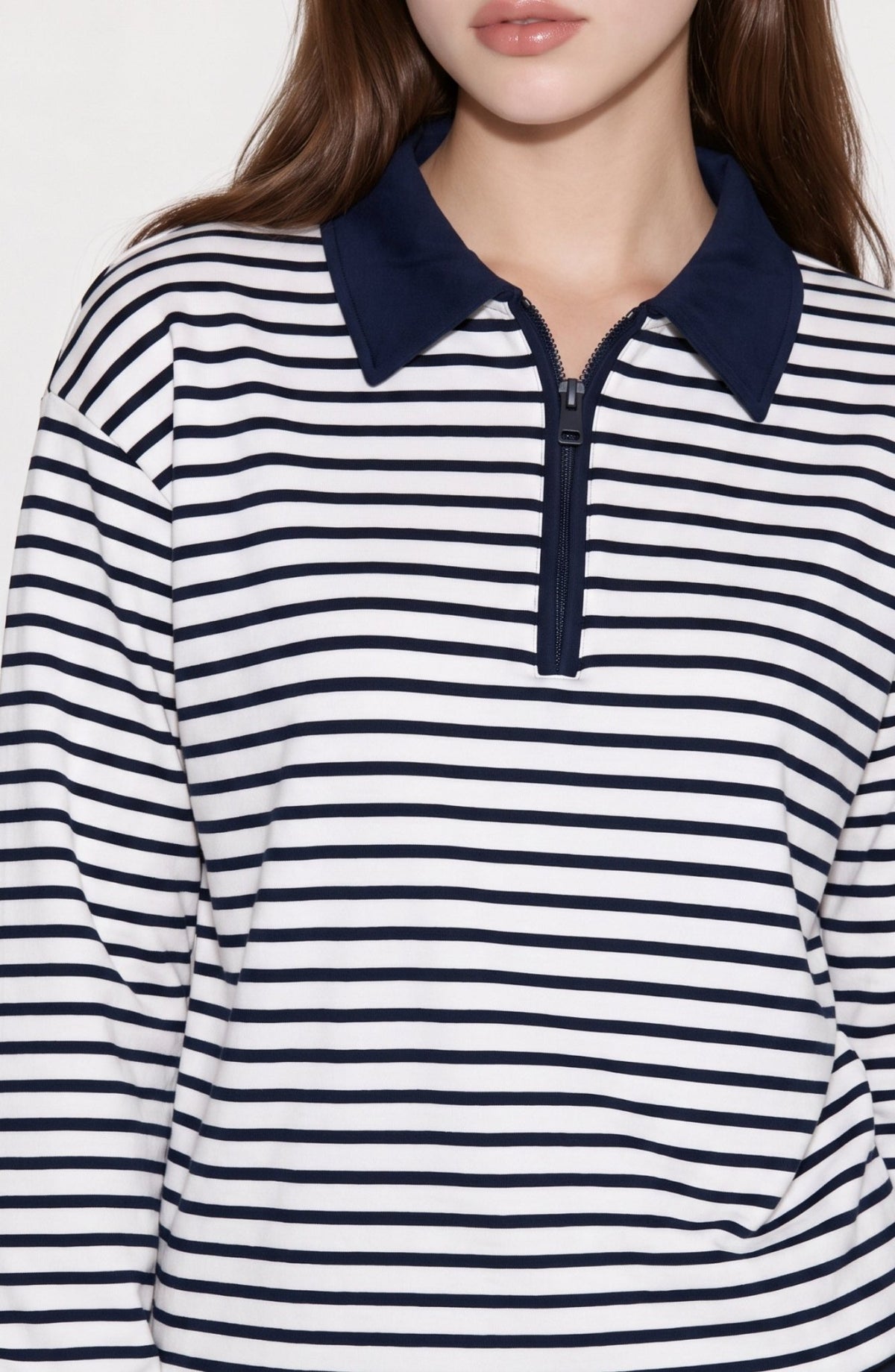Polo Yaka Fermuarlı Lacivert Çizgili Sweatshirt - Fatma Atasoy