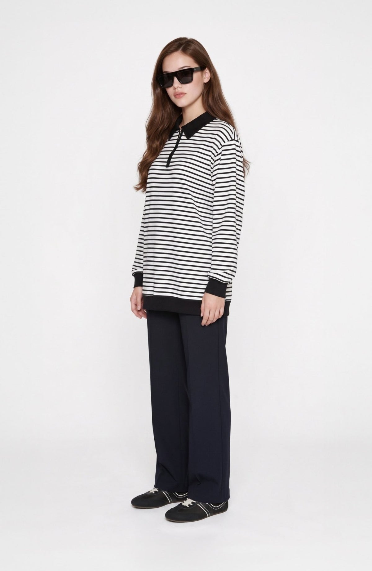 Polo Yaka Fermuarlı Siyah Çizgili Sweatshirt - Fatma Atasoy