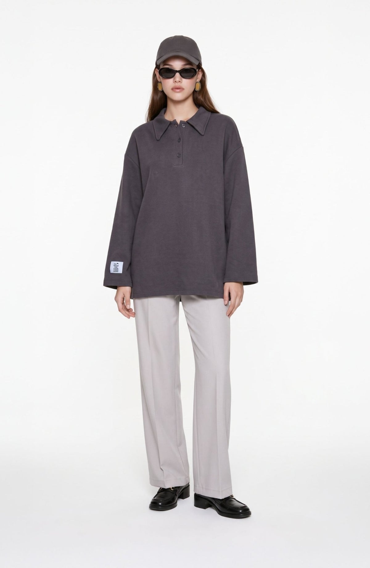 Polo Yaka Selanik Örme Gri Sweatshirt - Fatma Atasoy