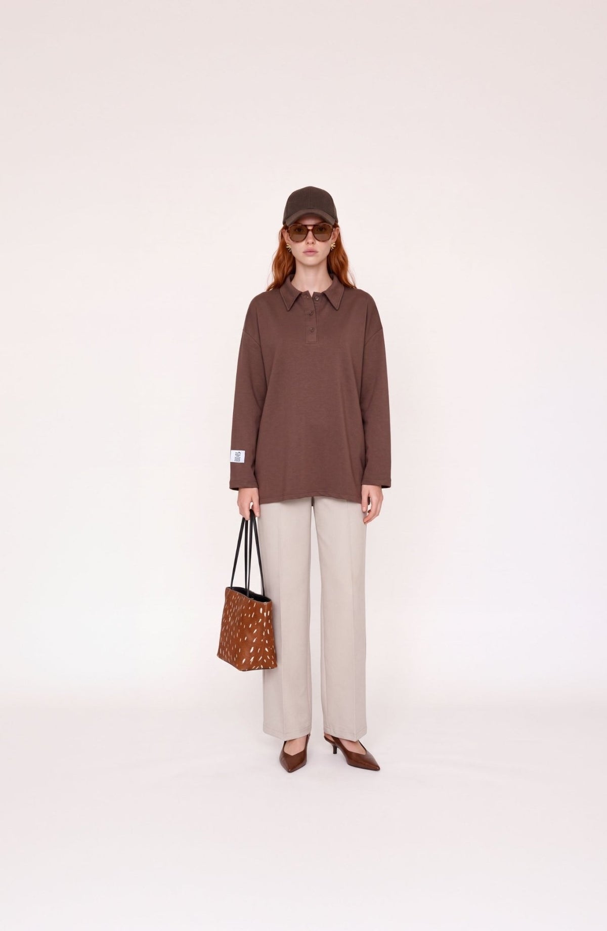 Polo Yaka Viskon Kahverengi Sweatshirt - Fatma Atasoy
