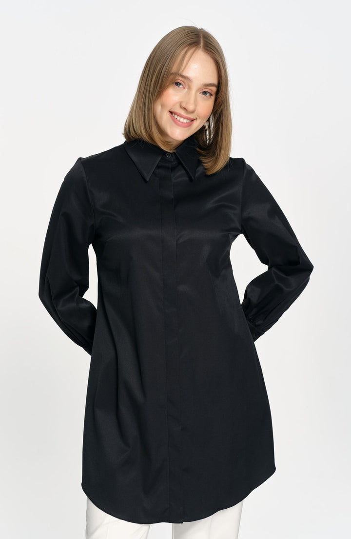 Premium Balon Kol Midi Siyah Gömlek - Fatma Atasoy