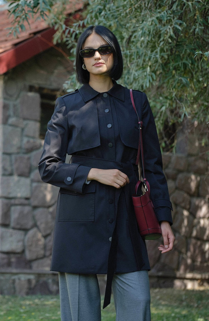 Premium Rüzgarlıklı Siyah Midi Trenç Ceket - Fatma Atasoy