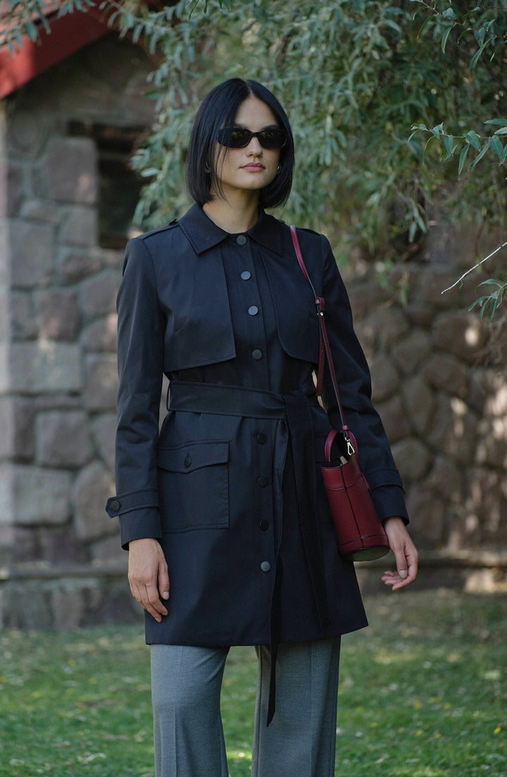 Premium Rüzgarlıklı Siyah Midi Trenç Ceket - Fatma Atasoy