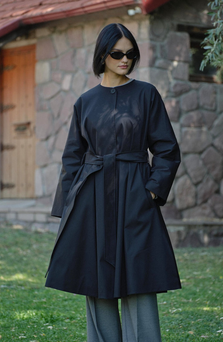 Premium Siyah Pelerin Trençkot - Fatma Atasoy