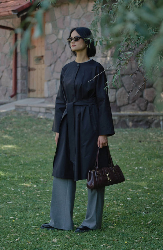 Premium Siyah Pelerin Trençkot - Fatma Atasoy